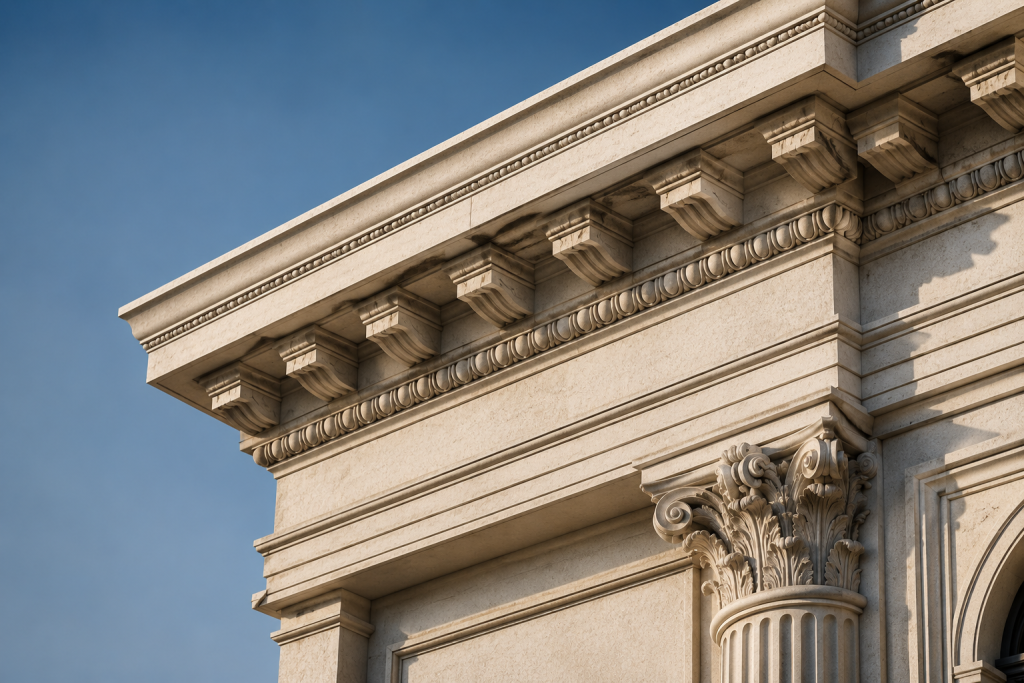 Design illustration of an architectural cornice moulding on a building facade